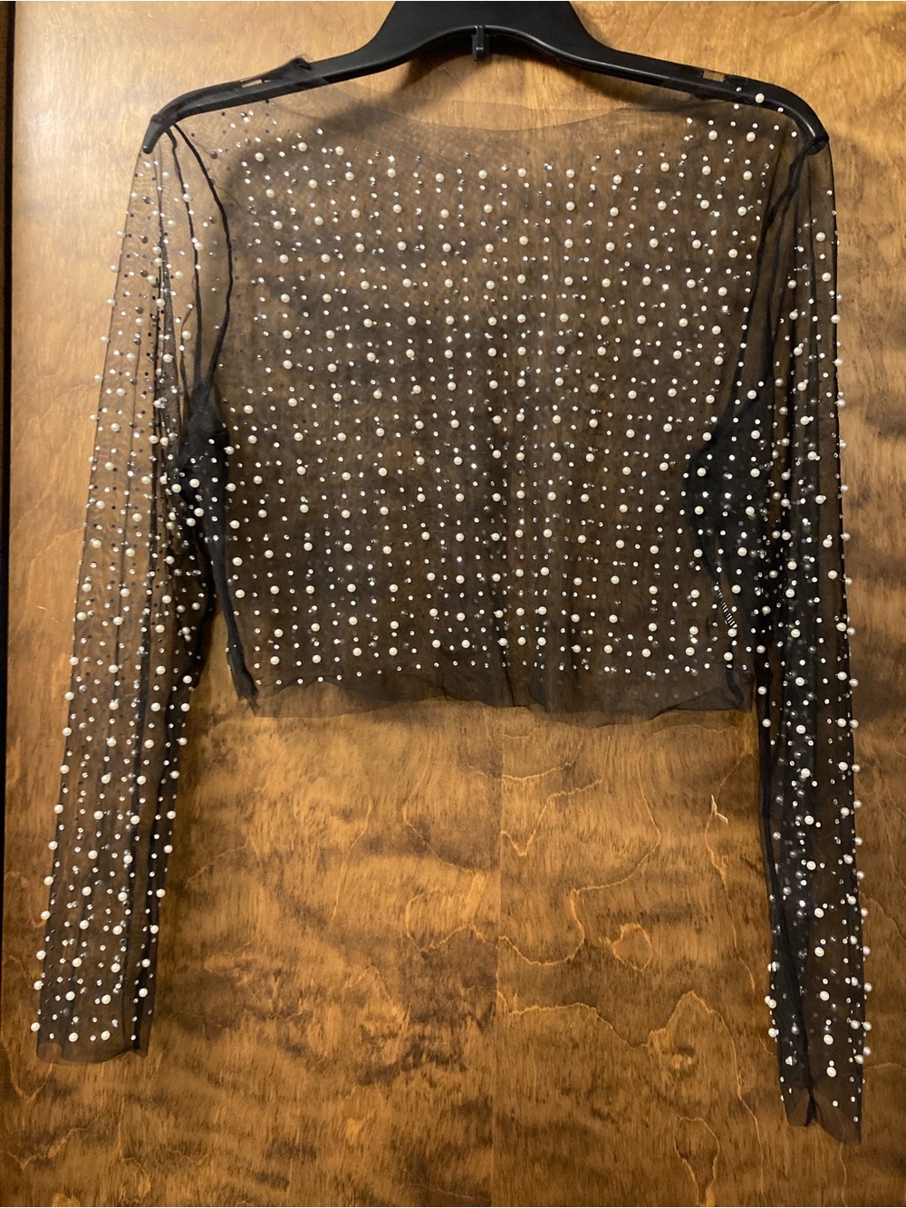 SHEIN Black Sheer Cropped Mesh Top with Pearl Embellishments